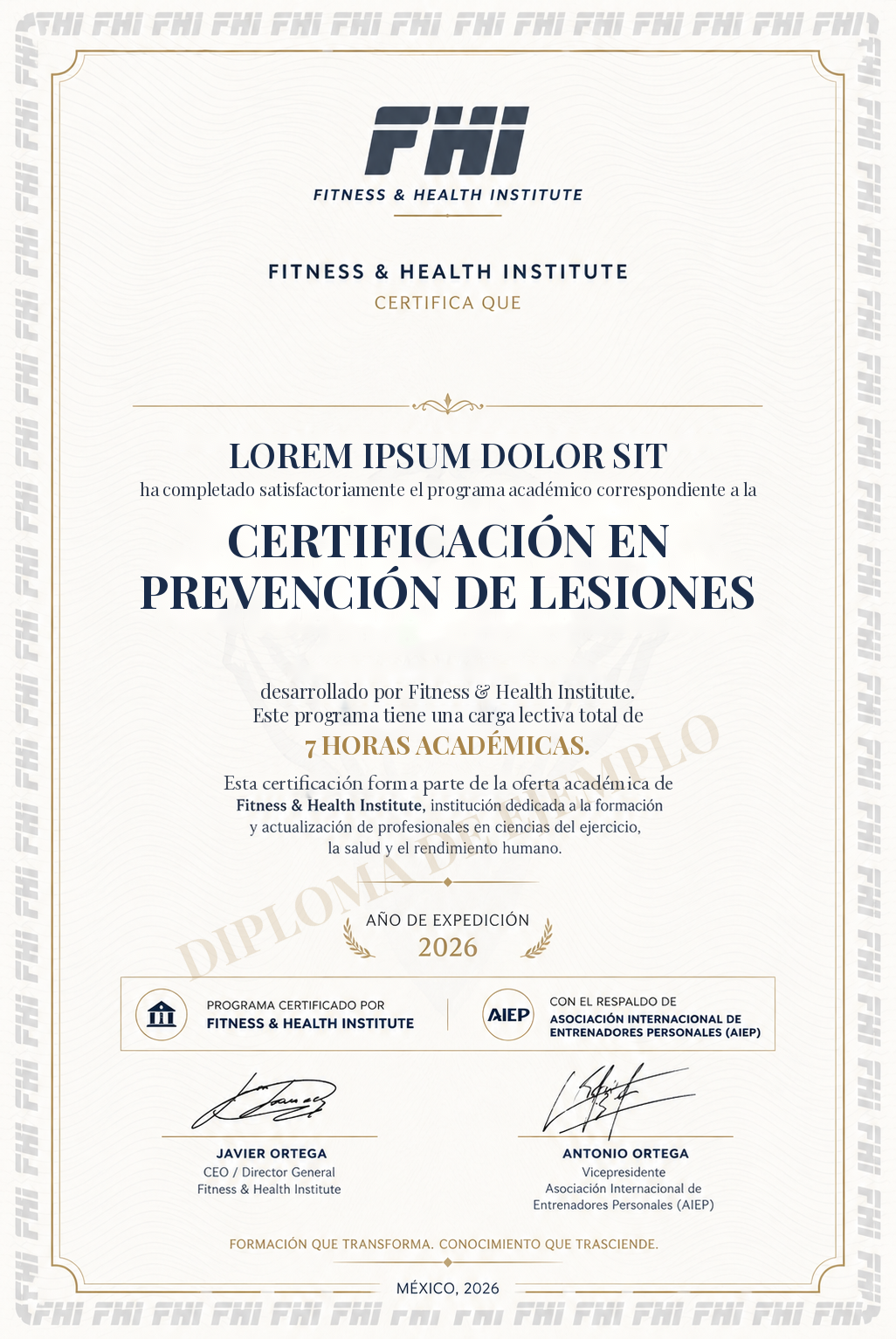 Ejemplo de diploma FHI en Prevención de Lesiones